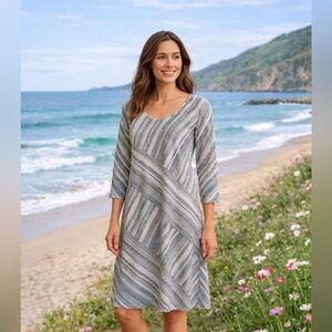 Soft Surroundings Sonya Linen Midi Dress Sz L Pockets Blue White Coastal Pockets